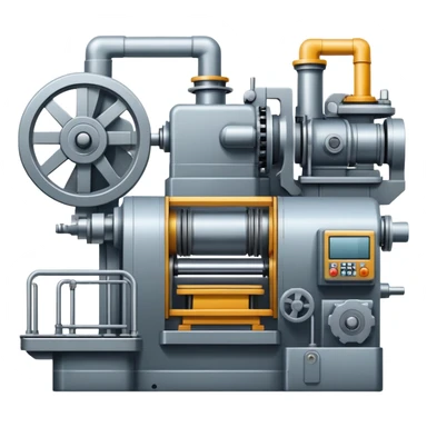 An icon featuring a giant machine tool in a factory, manufacturing machines. The design includes gears, mechanical parts, and a production line, representing the art of mechanical engineering and industrial design. Transparent background highlights precision engineering and manufacturing processes. sticker