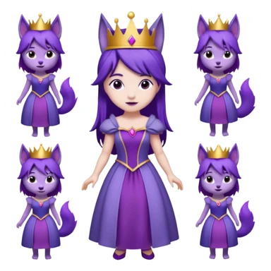  a cute princess wearing a purple dress and crown with purple hair and purple wolf ears and purple wolf tail character. Each square shows the character doing different actions against a white background And make a gap between each illusion sticker