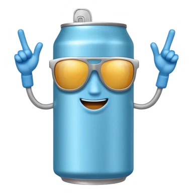 A soda can with a light blue color, with legs, arms, and a face. It can be seen wearing sunglasses sticker