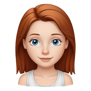 Una chica de tez blanca con pecas, nariz respingada, labios gruesos, ojos grandes color azul grisáceo, pelo largo, lacio, color castaño. Con una blusa de tirantes blanca. Que este sonriendo y q solo se vea de la cintura hacía arriba sticker