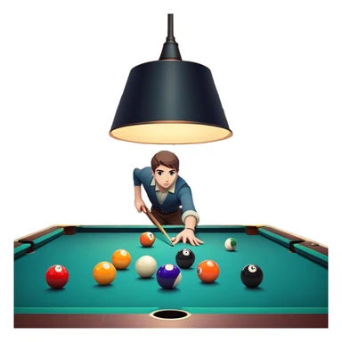 A well-arranged pool table with colorful billiard balls neatly placed, and a cue stick poised to take a shot. The setting is a dimly lit room with a focused atmosphere, highlighting the precision and strategy involved in the game of billiards. sticker