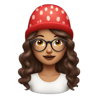 Brunette girl with circle glasses and long wolf cut hair and strawberry hat sticker