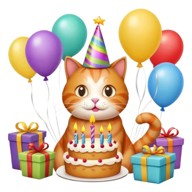 Ginger cat celebrates birthday, birthday hat, birthday cake, balloons, happy, gifts sticker
