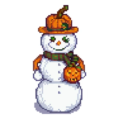 snowman with carved pumpkin head, pixel art style sticker