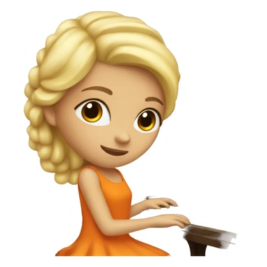 Blonde girl wearing an orange dress playing a brown upright piano sticker