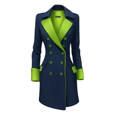 Realistic isolated open navy blue fashion Peacoat with lime green low cut silk blouse underneath.  sticker