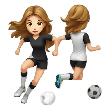Caucasian girl with brown long hair running with a soccer ball wearing White short and black shorts sticker