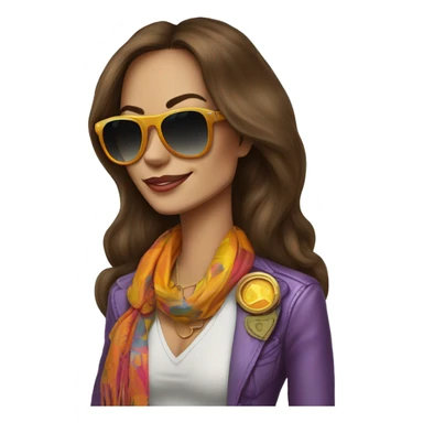 70's rockstar woman with bell-bottoms, long brown hair, a t-shirt tucked into the bell bottom jeans and a belt. She is wearing aviators and a 70's rockstar colorful scarf and colorful blazer  sticker