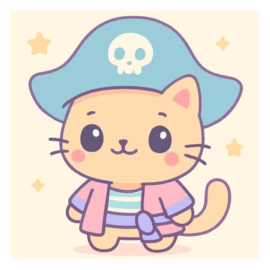 pirate cat, kawaii style, oversized hat, cute face sticker