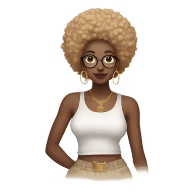 Natural Afro,modest long cami skirt,and graphic t shirt,clear glass ,white nails,golden rings  sticker