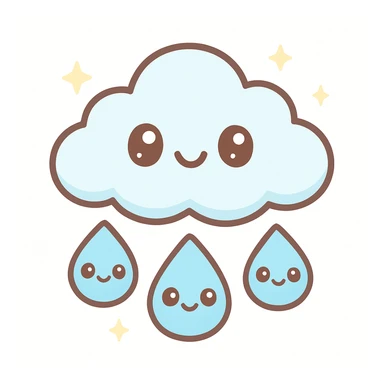 cute rain icon with smiling blue raindrops and a small cloud, kawaii style, simple and friendly sticker