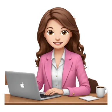 smiling woman with long wavy brown hair, pink blazer, white top, holding coffee and working on laptop — cozy home office background sticker