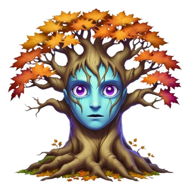 An ancient, psychic tree evolves by absorbing the essence of fallen autumn spirits, sprouting a radiant, maple-crowned face that channels both forest wisdom and fiery seasonal magic through its gnarled. Purple eyes, blue eyes sharp teeth, heterochromia sticker