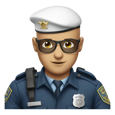 A WHITE Police man bald with blue uniform and cap with Big ANGEL WINGS sticker
