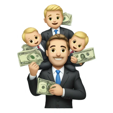 a businessman holding two babies, he's dangling cash over their heads with 2 other arms sticker