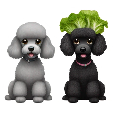 Black poodle and light grey poodle sitting together eating lettuce  sticker