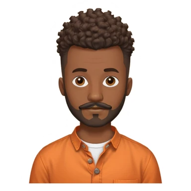 
"Brown adult man (around 24), curly mohawk with shaved sides, beard and mustache. Wearing an orange collarless round-neck button-up shirt. No teenage or old features."

 sticker