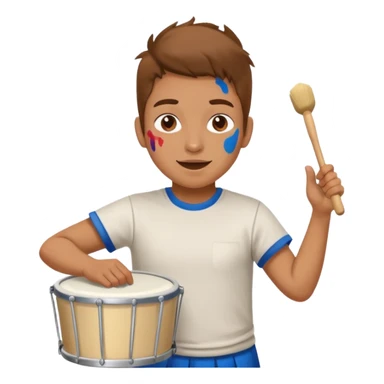 A loud fan, simple tee shirt with paint on his cheeks with a marching drum, beating it with enthusiasm sticker
