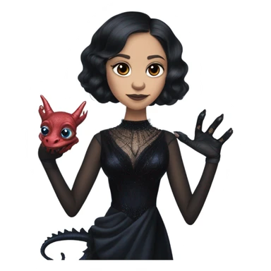 relaxed low cut back silk black evening gown with see-through gloves, Jenna Ortega as Addams woman prom queen wearing a mini tiara, very large blood blue evil-looking horned old dragon hand puppet sticker