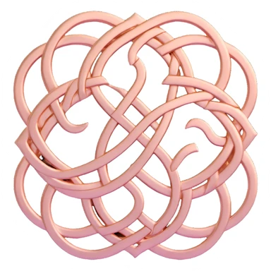 Create a karma symbol with an endless knot featuring intricate interwoven lines. The style should be 3D rose gold metallic with realistic shine and depth, icon-like and balanced. No background, transparent. sticker