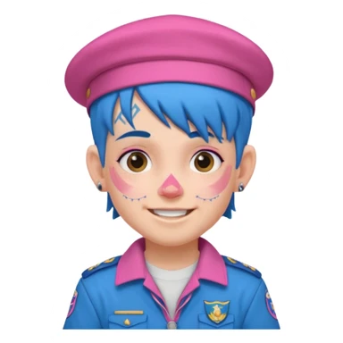 scout boy with very pink scout uniform, blue haired and hat, heavy face tattoed sticker