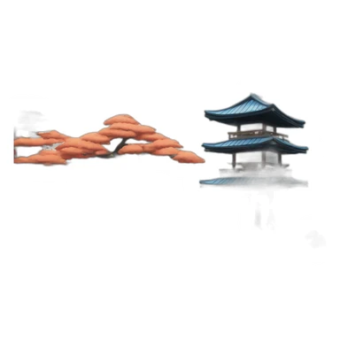 A lakeside island with a shinto gate and small Japanese house with a blue tiled roof sticker