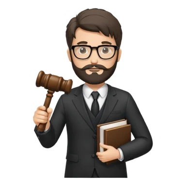 Create a male lawyer. he is wearing a fromal suit jckeret. He is holding a gavel in one hand and a book tucked under his another arm. He has beard and glasses without the glass lol. And the hair is kinda darker but not black sticker