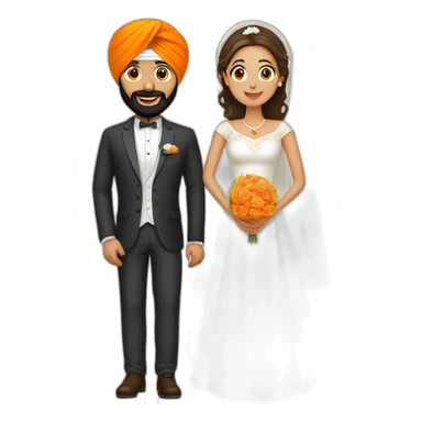 A Sikh man with an orange turban and white dress, with his wife at their wedding sticker