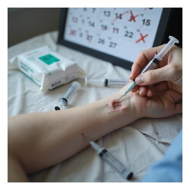 realistic close-up of a hand injecting medicine into the gluteus, sterile syringes, disinfectant wipes, calendar with crossed out days, labels in Italian, everyday preparation scene sticker