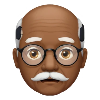 an elderly man with medium-dark skin tone, bald on top with short white hair at the sides, thick white eyebrows, large brown eyes, and wears black-framed glasses.
A small white beard sits above his mouth sticker