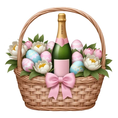 White Picnic basket with light pink bow, white peonies, pink easter eggs and one pink champage bottle inside sticker