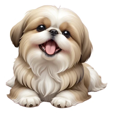 Cinematic Cute Yawning Shih Tzu Portrait Emoji, Head gently tilted with an irresistibly cute yawn and sleepy, half-closed eyes, showcasing a luxurious, fluffy fur in gentle pastel tones, simplified yet endearingly detailed, glowing with a soft, drowsy radiance, high shine, exuding tender, sleepy charm, styled with a delicate, soft glowing outline, capturing the essence of a Shih Tzu caught in a moment of adorable, sleepy bliss! sticker