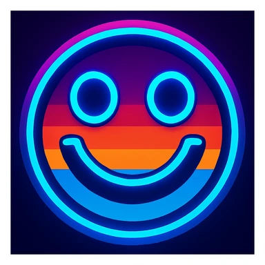 Update the image to use the exact color scheme from the new reference (vivid neon blue, pink, orange, and purple 80's retro colors), keeping the bold smiley face, glowing neon outlines, horizontal color stripes, and clean digital look. Match the vibrancy and palette of the new reference image. sticker