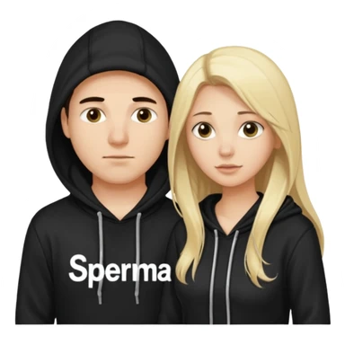 chce by to byla taka emotka 🙍‍♂️
chlopaka z czarnymi losami i czarna bluza z biaty.m
napisem "sperma" na srdoku i zeby za nim stala taka ladna blondynka z dlugaimi wlosami i ona  ciagnaca za sznurek od
kaptura od bluzy tej pierwszej osobyl sticker
