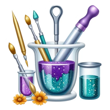 Jewelry making icon with epoxy resin used to encase materials like dried flowers, metals, stones, or pigments, resin with pearlescent, glitter, or shimmering effects, visible resin in tubes and mixing tools, minimalistic style, clean lines, transparent background. sticker