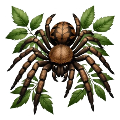 Giant hairy tarantulas (bird-eating spiders) in their natural habitat, surrounded by leaves and branches, with detailed textures of their legs and fur. Soft lighting highlights their features. Transparent background. sticker