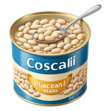 open tin can filled with plump glossy white beans in light slightly starchy broth, smooth oval beans gently piled with natural glisten, metallic shallow partially opened can, no label spoon or garnish, soft lighting, subtle shadows, emoji scale sticker