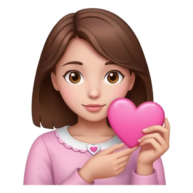 Girl whit brown hair and eyes holding a pink heart sticker
