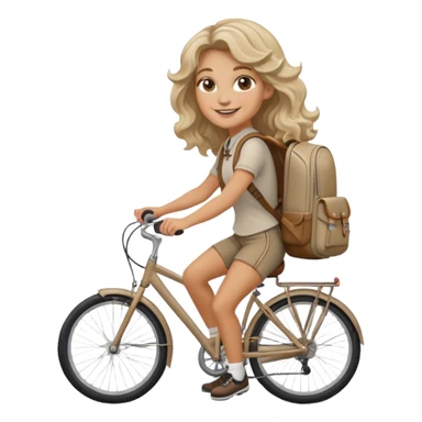 mujer trigueña con pelo ondulado rubio ceniza y con nariz aguileña y sonrisa atrapante en bicicleta con mochila sticker