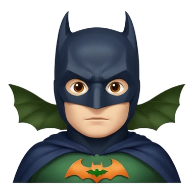 generate a batman emoji with just the face and neck showing and part of the cloak and and wings. Shade the bat logo on the chest in a medium green with a slight olive touch. Shade the mask in dark navy blue and the the cloak in a solid vibrant orange.

 sticker