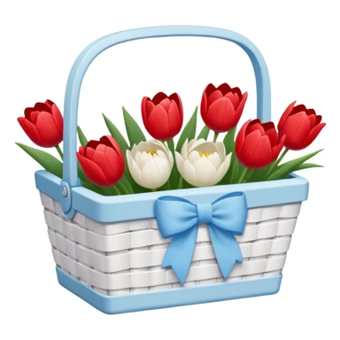 A white Picnic basket with pastel blue bow, white peonie, tulips sticker
