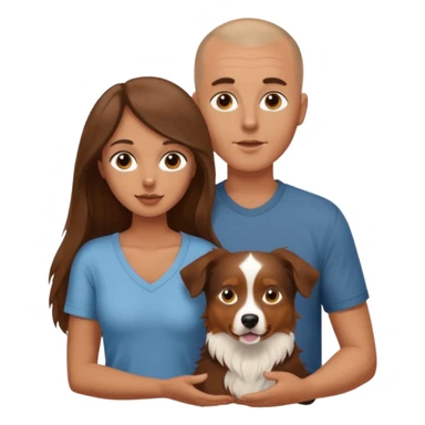 Man with shaved head holding woman with very long brown hair and one Aussie dog sticker
