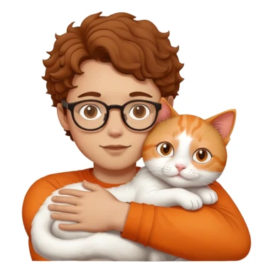 Boy with curl brown hair and glasses hugs white and orange cat sticker