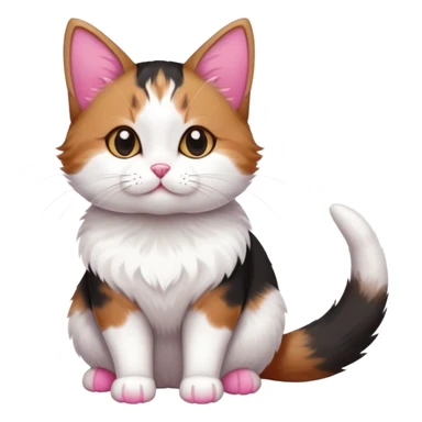 a small tricolor cat with a conical nose, pink pads on her paws, white paws, belly and lower part of her muzzle, and her head, ears, back, sides and tail are black and brown-red in addition to white sticker