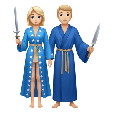 An upright Europe (a tall woman), wearing a blue, flowing robe with stars on the hem. In the background stands a man, with a knife sticker