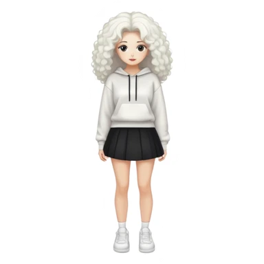 Female with slim hourglass figure, white big hair, wearing white sweatshirt, black skirt, and white shoes, full body pose sticker