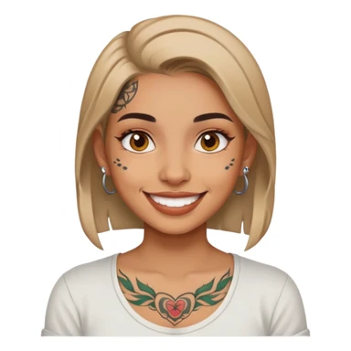 girl with face tattoos, smiling, wearing a shirt sticker