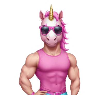 friendly anthropomorphised masculine unicorn with horse-like face, muscular bodybuilder build, in tutu and pink t-shirt, wearing dark sunglasses, standard pose, close-crop head and shoulders portrait sticker