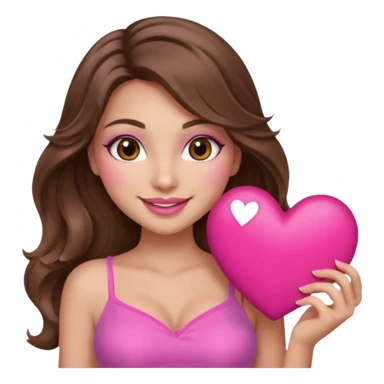 girl with long wavy brown hair, brown eyes, long lashes makeup, sexy pink lips, light to medium complexion, wearing a pink sexy top, smiling, holding a big heart sticker