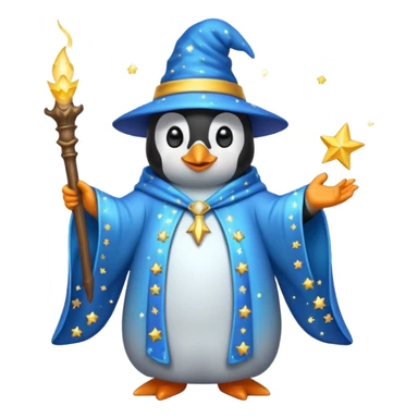 penguin wizard casting a spell, with sparkles and a starry robe, emoji style sticker